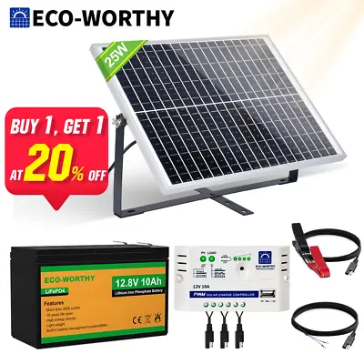 ECO-WORTHY 10W 25W Watt Solar Panel Kit & 12v 10Ah Lithium Battery Home Camping • $29.99