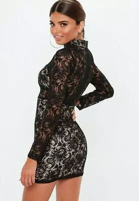 Missguided Women Black High Neck Cut Out Lace Party Going Out Dress Size 6 • £3.99