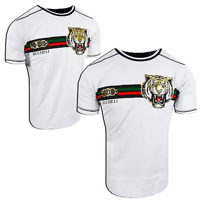 Mens White T-Shirt Designer Bucheli Italian Stripe Gold Tiger Slim Fit Crew Neck • $27.95