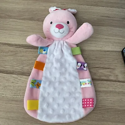 BUNNY RABBIT TAGGIES BABY BLANKET  Pink Plush Soft Toy Comforter With RATTLE VGC • £9.95