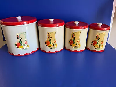 Vintage Metal Canister Set 4 Piece Set Red Lids Decal On Front • $25