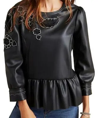 VINEET BAHL Anthropologie Black Womens Sz XS SHEENA Faux Leather Peplum Shirt • $19.60