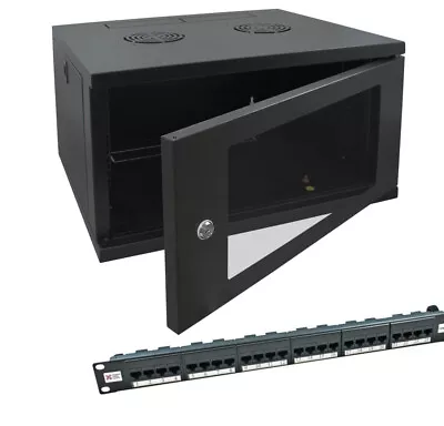 £136.10 • Buy 6u 450mm Deep Wall Mounted Data Cabinet, 24 Way Cat6 Or Cat5e Data Panel Lot