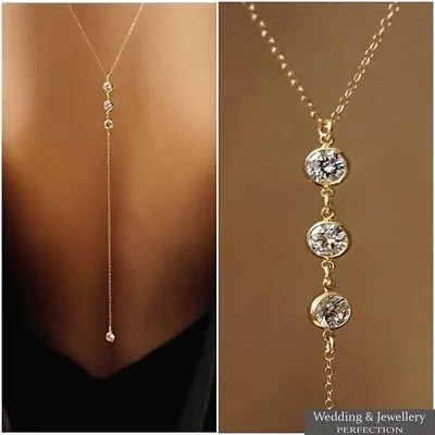 Back Chain Body Necklace Silver Crystal Rhinestone Long Wedding Jewelry Drop • £5.99