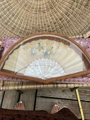 19 CenturyFrench Silk Mother Of Pearl Hand Fan Painted Signed Monogram Box • $160