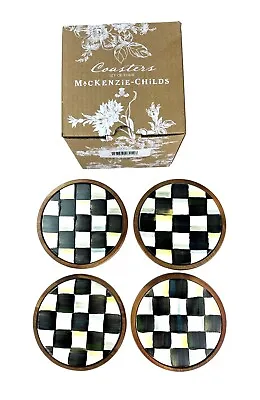 MacKenzie Childs Set Of 4 Courtly Check Enamel Coasters On Wood New Box • $60