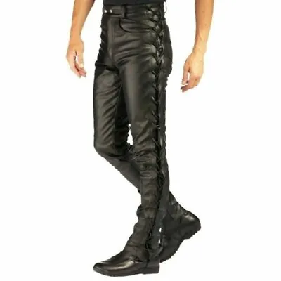 Mens Black Genuine Leather Pants Bikers Laces Up Pant Riders Jeans Trousers BLUF • $140