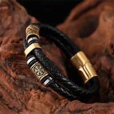 Men Vikings Style Leather Bracelet Braided Layered Bracelet Runes Norse Bangle • $11.46