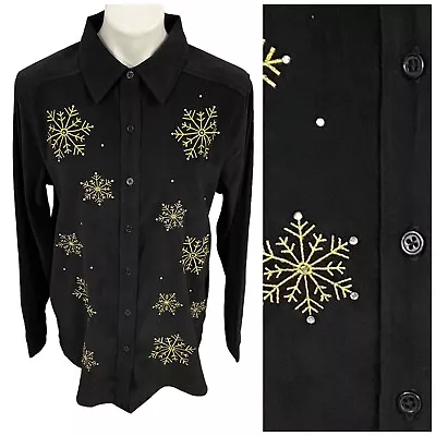 Quacker Factory Shirt Womens Large Snowflake Button Up Black Gold Party Holiday • $16.90