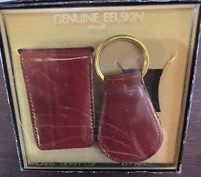 Money Clip & Key Ring Set Mundi Genuine Eel Skin Brown Magnetic In Box. NOS • $14.99