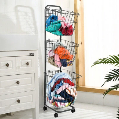 $62.69 • Buy Laundry Basket 3 Tier Iron Storage Shelf With Wheels Removable Storage Bas