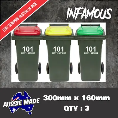 3x Rubbish Bin Sticker House Number Street Name Decal Garbage Wheelie Bin Sign • $14.69