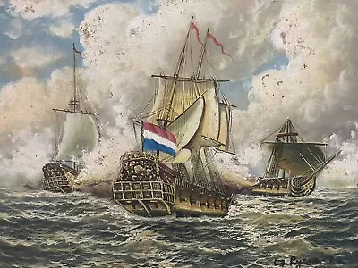 Vintage Signed Mid-Century Dutch Oil On Board Painting - Naval Battle • £20