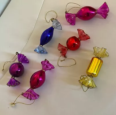 6 Pieces Hand Blown Glass Wrapped Candy Christmas Ornaments Murano Style Vintage • $40.18