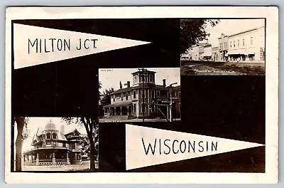 Milton Junction Wisconsin~Merchants Row Street~Union Railroad Depot~1913 RPPC • $25