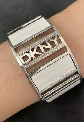 £40 • Buy DKNY White Faux Leather Logo Steel Chunky Cuff Bracelet