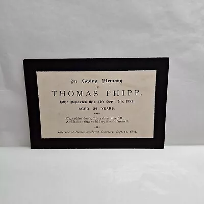 Antique Victorian Memoriam Remembrance Death Card Thomas Phipp Burton Upon Trent • £15