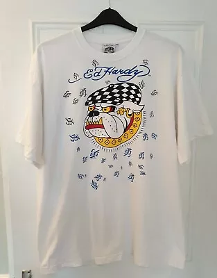 Ed Hardy Christian Audiger Men T-Shirt White Bulldog Chinese 2XL 100% Cotton • £20