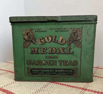Vintage Green/Gold/Black GOLD MEDAL Brand Garden Teas Metal Box/lid- 9 X 8 X7  • $26