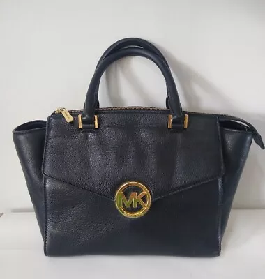 Michael Kors Hudson Black Pebble Leather Large Satchel Top Handle Purse Big Logo • $69.99