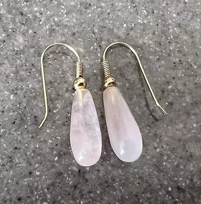 Vintage 14k Yellow Gold Rose Quartz Drop Dangle Earrings • $125