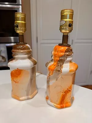 Vintage Mid Century Set Ceramic Orange Brown Marbled Drip Glaze Lamps • $85