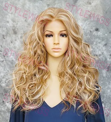 Light Blonde Mix Long Layered Wavy Curls Lace Front Human Hair Blend Wig EVFO • $79.85