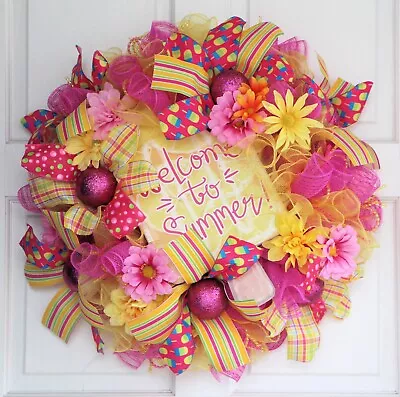 Popsicle Mesh Wreath Welcome Summer Sign Door Décor Pink Yellow • $85