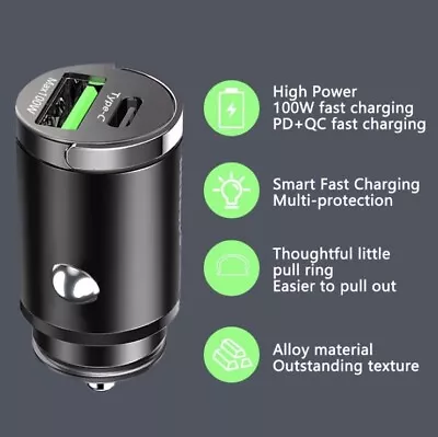  100W USB Car Charger Mini Fast Charging Dual Ports Phone Charger • $8