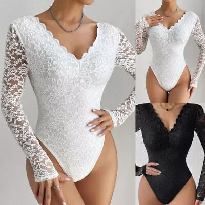 Womens Long Sleeve Lace Floral V-Neck Bodysuit Slim Fit Basic Elegant Sheer Tops • £3.99