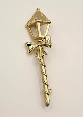 Vintage Christmas Lamp Post Signed AJC Brooch Pin Bow Light Gold Tone 3  Length • $12.50