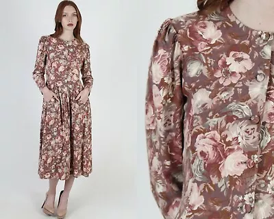 Vintage 80s Laura Ashley Dress Dusty Rose Floral Country Prairie Chore Maxi US 8 • $69