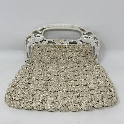 Vintage Crocheted Purse Ecru Ivory With USA Plastic Handle Birds Cherries • $9.99