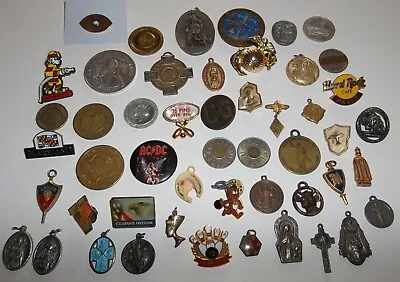 Vintage Lot Pinbacks Tokens Pendants Charms Religious Awards Military Music • $35