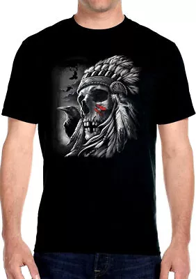 Mens Native American Chief Headdress Indian Skull With Raven Biker Tee Shirt • $21.60