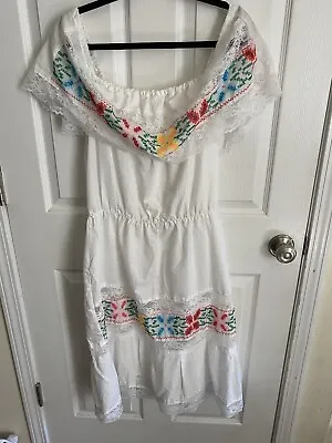Vintage 70s Mexican Wedding Dress Pin Tuck Embroidered Floral Lace Midi MUUMUU • $24