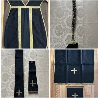 Gorgeous Vintage Full Set Fiddleback Vestment Black For Priest With Cincture • $225