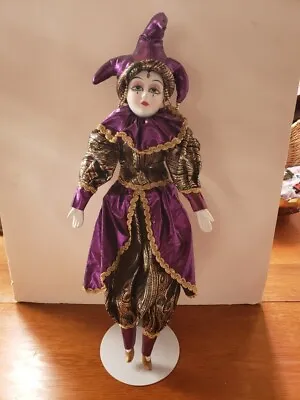 VINTAGE Mardi Gras Court Jester Clown Porcelain Doll Purple Green & Gold • $25