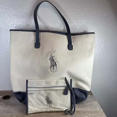 Polo Ralph Lauren Tote Canvas Handbag & Wristlet Beige Cream Large 18” X 16” • $30