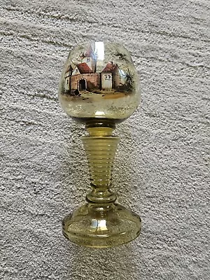 Moser Bohemian Enamel Painted Amber Goblet Chalice European Town Monogrammed Geo • $194.99