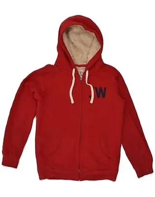 JACK WILLS Womens Sherpa Graphic Zip Hoodie Sweater UK 10 Small Red Cotton AB37 • £16.14