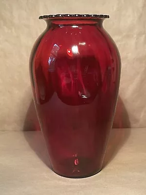 Vtg Large Ruby Red Glass Vase Handmade /Handblown Art Deco Piece • $25