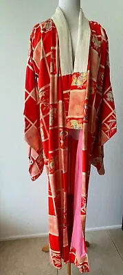 Vintage Red And White Silk Antique Naga Juban Kimono • $109