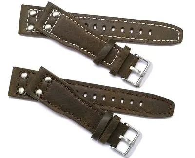 22mm 24mm Brown Nostalgic Leather AVIATOR Style Watch Band Silver Tone Buckle • $12.95