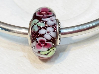 $49 • Buy Authentic Pandora Pink White Green FLOWER GARDEN Glass Murano Charm 791652