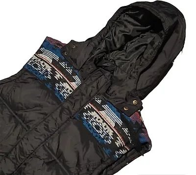 21 Men Black Aztec Snap Collared Quilted Hoodie Puffer Full Zip Vest Jacket XL • $23.21