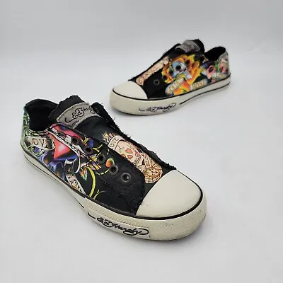 Vintage 90s Y2K Ed Hardy Black Low Top Roses Skull Sneakers US 6 Laceless EUC  • $49.99