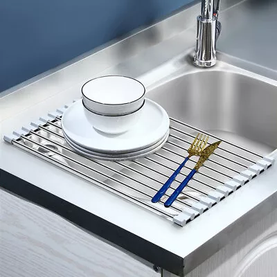Over Kitchen Sink Roll Up Dish Drainer Drying Rack Stainless Steel Trivet Mat • $16.99