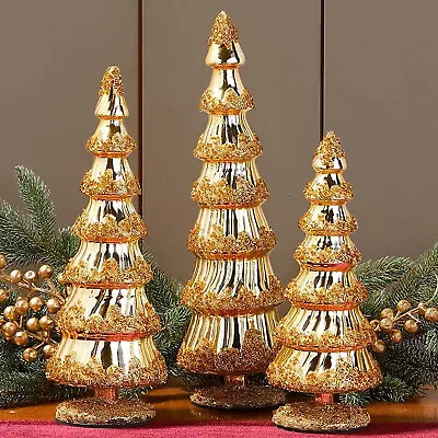 Beautiful Gold Glass Pine Christmas Tree Table Centerpiece Holiday Home Decor • $26.98