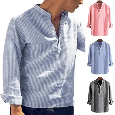Mens Collarless Shirts Long Sleeve Striped Shirt Button Down Loose Grandad Tops❉ • $13.39